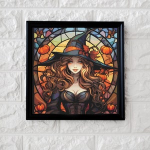 Stained glass Autumn witch cross stitch pattern full coverage PDF