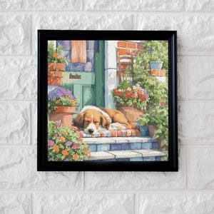 May include: A framed watercolor painting depicts a sleeping dog on a porch. The dog is brown and white, resting on a striped cushion. The porch is decorated with potted flowers and a green door. The painting is set in a black frame.