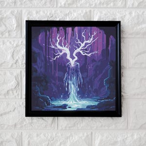 May include: A digital art print depicting a white tree with branches resembling antlers, standing in a purple and blue landscape. The tree is surrounded by a pool of water.