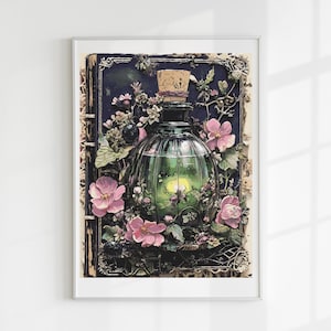 May include: A framed art print featuring a detailed illustration of a glass bottle filled with a green liquid, adorned with pink flowers and foliage. The bottle has a cork stopper and is set against a dark background, creating a whimsical, botanical theme.