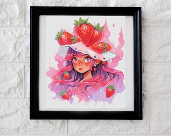 Pink strawberry girl cross stitch pattern PDF