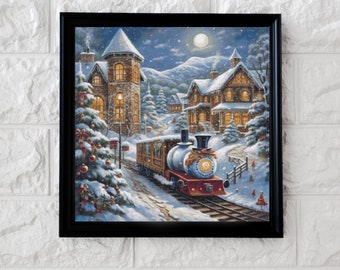 May include: A framed painting of a winter scene with a red and white train traveling through a snowy town. The train is decorated with greenery and has a large, round headlight. The town is lit up with warm, yellow lights and there are snow-covered trees and houses in the background.