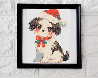 May include: A white and brown dog wearing a red and white Santa hat with a green holly sprig. The dog is sitting and looking to the right.