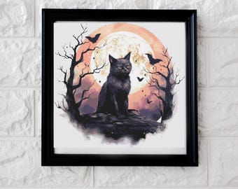 Black cat in front of the moon cross stitch pattern PDF