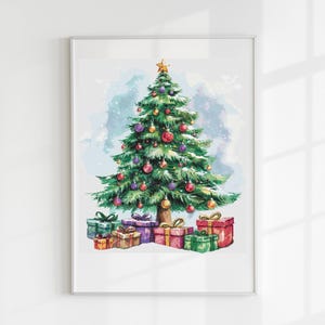Pode incluir: Uma pintura em aquarela de uma árvore de Natal decorada com enfeites coloridos e uma estrela no topo. A árvore está cercada por presentes embrulhados com fitas vermelhas, verdes, azuis e roxas.