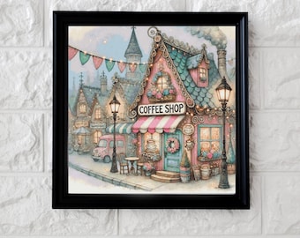 Pink coffee shop cross stitch pattern full coverage PDF