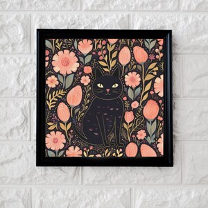 May include: Black cat sitting in a field of pink and gold flowers. The cat has a black body and yellow eyes. The flowers are stylised and have a vintage aesthetic.