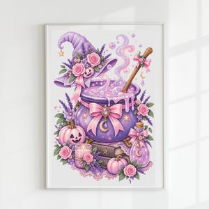 May include: A vertical wall art print featuring a purple cauldron with a pink bow, a witch hat adorned with pink roses, a wooden stirring stick, a potion bottle, two pumpkins, a candle, and books, all decorated with lavender and star accents.
