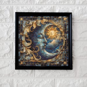 May include: Framed artwork featuring a celestial design. The image depicts a crescent moon with a face, a sun, and a starry sky, all within an ornate gold and blue border. The artwork is framed in a black square frame.