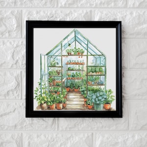 Pode incluir: Uma pintura a aquarela de uma estufa cheia de várias plantas e flores. A estufa é feita de vidro e metal e tem um piso de madeira. As plantas estão em vasos e são dispostas em filas. A pintura é feita em um estilo realista e captura a beleza da natureza.