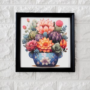 Puede incluir: Una impresión enmarcada de una naturaleza muerta colorida con una maceta de cerámica azul llena de una variedad de suculentas y flores.
