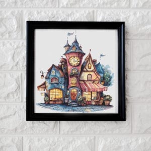 Può includere: Una stampa ad acquerello incorniciata di una scena cittadina stravagante. L'opera presenta edifici colorati con un campanile, tende da sole e lampioni. Gli edifici sono dipinti in tonalità di blu, rosa e giallo, creando un'estetica da fiaba.