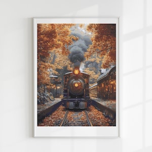 Puede incluir: Impresión artística enmarcada de un tren de vapor antiguo que emerge de un túnel, rodeado de follaje otoñal. El faro del tren brilla y el humo se eleva en el aire. La escena está ambientada en una vía férrea con hojas caídas.