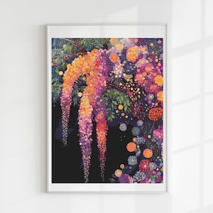 May include: A framed art print featuring a vibrant floral design. The artwork showcases cascading clusters of orange, pink, and purple flowers against a dark background. Green foliage and smaller blooms add detail to the botanical theme.