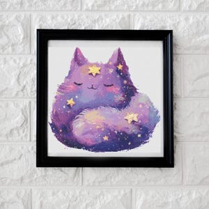 May include: A purple and blue cat with gold stars sleeping on a white background. The cat is curled up in a ball with its eyes closed.
