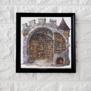 Peut inclure: Une impression encadrée à l'aquarelle d'une bibliothèque fantastique à l'intérieur d'un château de pierre. La bibliothèque est remplie d'étagères, d'une cheminée et d'une petite tour avec un toit violet. L'œuvre est posée sur un mur de briques blanches.