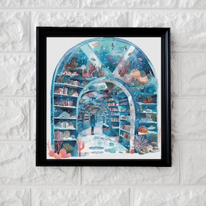 May include: A watercolor painting of an underwater library with arched doorways and shelves filled with books. The library is decorated with coral, seaweed, and fish. A person is walking through the library.