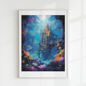 May include: A painting of an underwater scene with a large, ornate castle built into a cliff. The castle is made of stone and has a golden roof. The water is a deep blue and there are many colorful fish and coral reefs.
