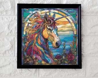 マジカルユニコーンのステンドグラスクロスステッチパターンデジタル