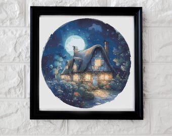May include: A painting of a cottage with a thatched roof, lit up at night with a full moon in the sky. The cottage is surrounded by trees and bushes, and there is a path leading up to the front door.