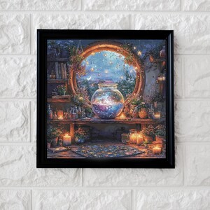 May include: A framed print depicts a whimsical scene with a large glass jar filled with a galaxy-like substance. The jar sits on a wooden shelf surrounded by plants, candles, and a round window overlooking a starry night.