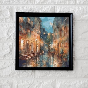 May include: A watercolor painting of a narrow street in a European city at night. The street is lined with buildings with warm yellow lights in the windows. There are string lights strung across the street, and the ground is wet from rain.
