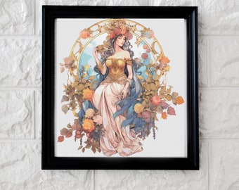 May include: A framed art print featuring a woman with long blue hair wearing a gold and white dress, surrounded by a wreath of flowers and leaves. The artwork is in an Art Nouveau style.