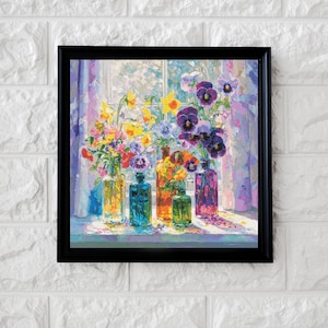 May include: A framed floral still life painting. The artwork depicts colorful flowers in glass bottles on a windowsill. The painting features a variety of colors, including yellow, purple, blue, and orange, with a window and curtains in the background.