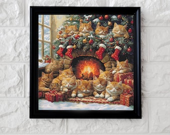 Christmas fireplace cats cross stitch pattern full coverage PDF