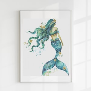 May include: Watercolor painting of a mermaid with flowing teal hair and a teal tail. The mermaid is wearing a flower crown and has a floral design on her tail.