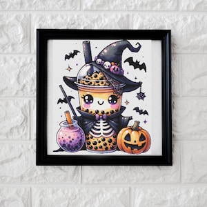 May include: A framed Halloween cross-stitch featuring a cute boba tea character in a witch hat and skeleton costume. Includes a pumpkin, a purple drink, and bats. The artwork is set against a white brick wall.