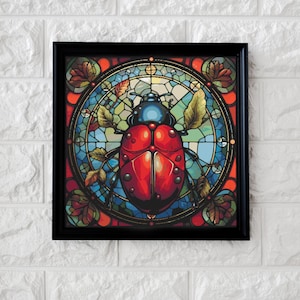 May include: A stained glass style painting of a red and black beetle with intricate details. The beetle is surrounded by a circular frame with leaves and flowers.
