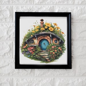 May include: A painting depicting a small, round house with a blue door and a green roof. The house is surrounded by flowers and plants, including yellow flowers, pink flowers, and green leaves.