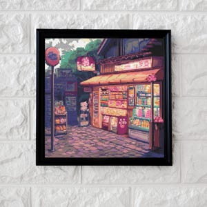 May include: A pixel art illustration of a Japanese street scene with a small shop selling candy and snacks. The shop has a pink awning and a sign that says "Eat & Drink". There are pink flowers hanging from the awning. The street is paved with cobblestones and there are trees and buildings in the background.