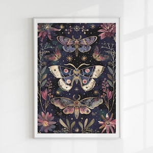 May include: A dark blue background with a repeating pattern of gold stars, pink and purple flowers, and three detailed moths with gold accents. The moths are in a vertical arrangement with the top moth facing left, the middle moth facing down, and the bottom moth facing right.