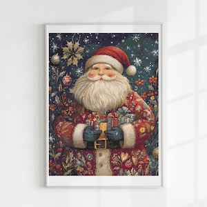 Könnte beinhalten: Gerahmter Druck von Santa Claus, der Geschenke hält. Der Weihnachtsmann ist mit einem weißen Bart und einem roten Hut und Mantel dargestellt. Der Hintergrund weist eine dunkelblaue Farbe mit floralen und Schneeflocken-Akzenten auf. Das Kunstwerk hat einen Vintage-Aquarellstil.