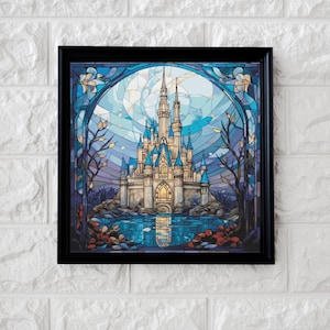 May include: A framed stained glass style print of Cinderella's castle with a blue and white colour scheme. The castle is surrounded by trees and a lake with a reflection of the castle.