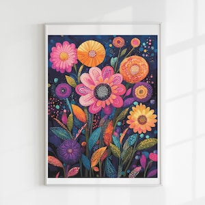 May include: A framed art print depicting a collection of stylized flowers in pink, orange, yellow, and purple against a dark blue backdrop. The artwork displays intricate patterns and textures, creating a colourful and eye-catching design.