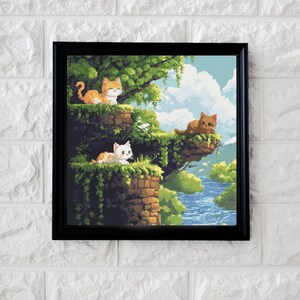 May include: A digital painting depicting three cats on a green, rocky landscape. The cats are orange, white, and brown. The background features a blue river and a cloudy sky.