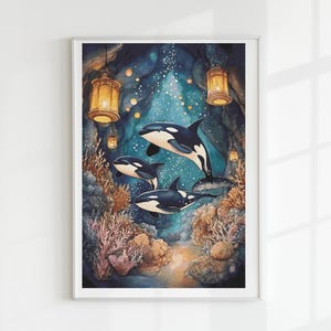 May include: A framed watercolour painting depicting orcas in an underwater cave. The image shows three orcas with black and white markings, coral, and glowing lanterns. The scene is set in a dark blue environment.