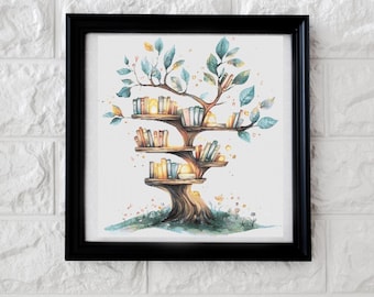 May include: A watercolor painting of a tree with bookshelves on its branches. The tree is green and brown, and the bookshelves are filled with colorful books. The painting is set against a white background.