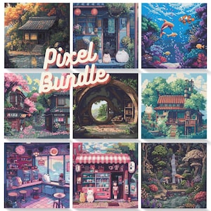 Puede incluir: Un paquete de arte digital con imágenes de pixel art de escenas de inspiración japonesa. Las imágenes incluyen una pequeña casa con un techo rojo, una tienda con un toldo rosa, un túnel con un bosque verde en la distancia, una casa con un gato blanco en el porche y una escena de bosque con una cascada.