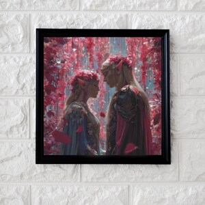 Puede incluir: Una obra de arte enmarcada que presenta dos figuras con orejas puntiagudas, adornadas con tocados florales, mirándose. Se encuentran sobre un fondo de flores rojas en cascada, con una cualidad suave y etérea. Las figuras visten ropas ornamentadas en tonos azules, rojos y dorados.