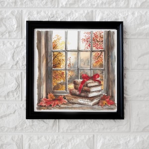 May include: A watercolor painting of a window with a stack of books tied with a red ribbon. The window is open and there are fall leaves outside. The books are on a windowsill.