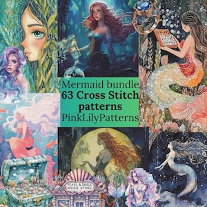 Puede incluir: Un collage digital de 63 patrones de punto de cruz con varias ilustraciones de sirenas, escenas submarinas, un cofre del tesoro y una tienda de música. El texto central dice: Mermaid bundle 63 Cross Stitch patterns PinkLilyPatterns.