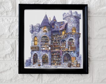 Purple castle library cross stitch pattern PDF
