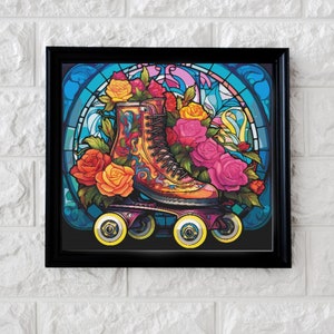 May include: A vintage-style roller skate with colorful floral details, set against a stained glass background. The skate is orange, yellow, and brown with black wheels. The flowers are pink, yellow, and red.
