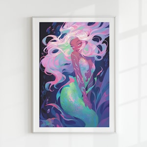 Schema punto croce con simpatica sirena dai capelli rosa in stile anime, copertura completa in PDF
