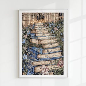 Puede incluir: Una impresión artística enmarcada representa una escalera hecha de libros apilados, que conduce a un arco luminoso. Los libros son en tonos azules, marrones y dorados, rodeados de flores, en un estilo caprichoso.
