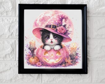 Kreuzstichmuster mit rosa Kürbis und Halloween-Katze (PDF, vollständiger Download)